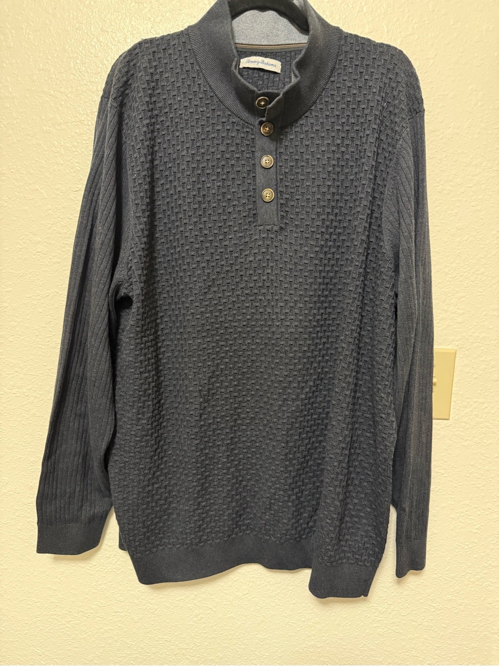 Tommy Bahama Mens 3XL Gray Textured Waffle Knit Mock Neck Button Sweater